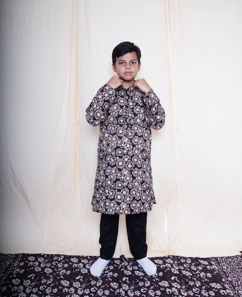 Boys Bagru Handblock Printed Full Sleeves Kurta With Paired With Black Cotton Pants