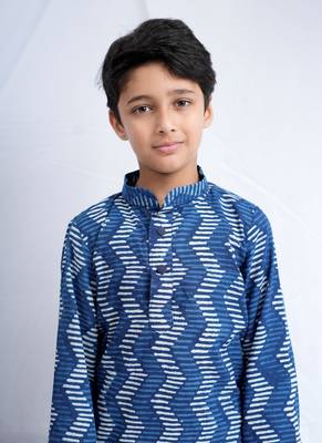 Boys Indigo handblock printed full sleeves kurta with Paired white cotton pants 2