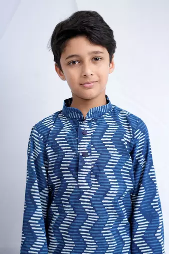 Boys Indigo handblock printed full sleeves kurta with Paired white cotton pants