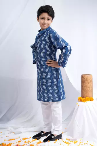 Boys Indigo handblock printed full sleeves kurta with Paired white cotton pants