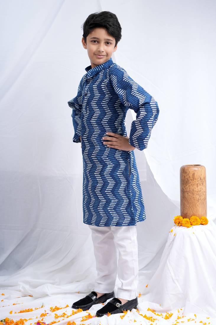 Boys Indigo handblock printed full sleeves kurta with Paired white cotton pants