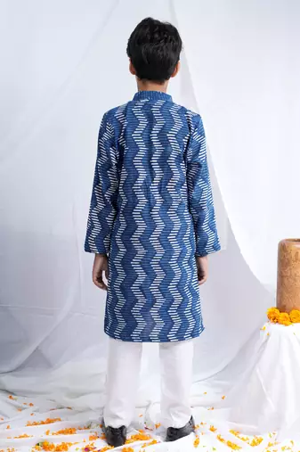 Boys Indigo handblock printed full sleeves kurta with Paired white cotton pants