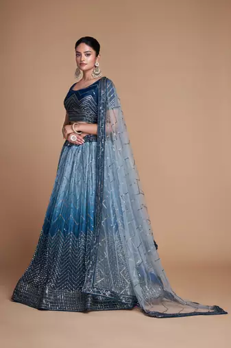 Blue Sequins Embroidered Heavy Chinon Designer Lehenga Choli For Women