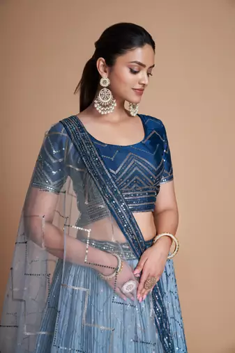 Blue Sequins Embroidered Heavy Chinon Designer Lehenga Choli For Women