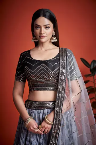 Grey Sequins Embroidered Heavy Chinon Designer Lehenga Choli For Wedding