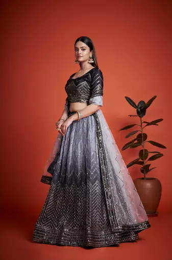 Grey Sequins Embroidered Heavy Chinon Designer Lehenga Choli For Wedding