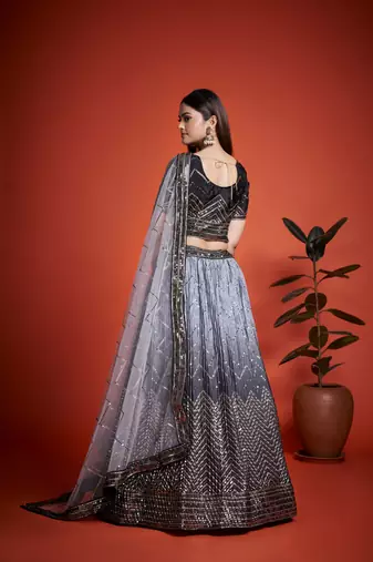 Grey Sequins Embroidered Heavy Chinon Designer Lehenga Choli For Wedding