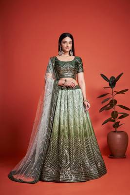 Green Sequins Embroidered Heavy Chinon Designer Lehenga Choli For Bride 1