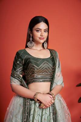 Green Sequins Embroidered Heavy Chinon Designer Lehenga Choli For Bride 3