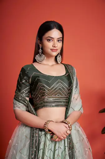 Green Sequins Embroidered Heavy Chinon Designer Lehenga Choli For Bride