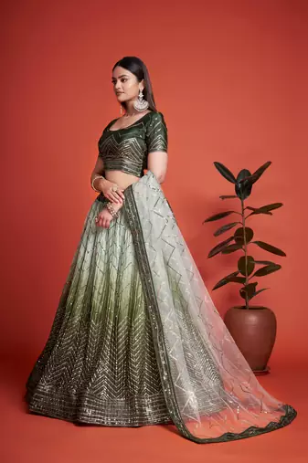 Green Sequins Embroidered Heavy Chinon Designer Lehenga Choli For Bride