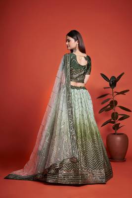 Green Sequins Embroidered Heavy Chinon Designer Lehenga Choli For Bride 5