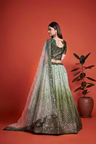 Green Sequins Embroidered Heavy Chinon Designer Lehenga Choli For Bride