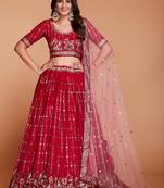  Red Sequins Embroidered Heavy Georgette Designer Lehenga Choli And Dupatta