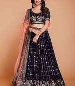 Dark Blue Sequins Embroidered Heavy Georgette Designer Lehenga Choli For Lattest Design