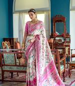 White Faux Banarasi Silk  Designer Border & Designer Heavy Rich Pallu Saree With Blouse