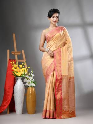 Peach floral motifs tissue silk saree with zari borders 1