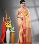 Peach floral motifs tissue silk saree with zari borders