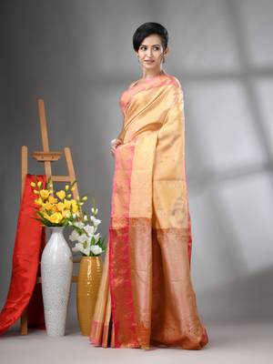 Peach floral motifs tissue silk saree with zari borders 2