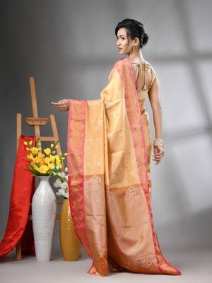 Peach floral motifs tissue silk saree with zari borders 3
