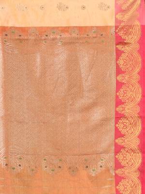 Peach floral motifs tissue silk saree with zari borders 4