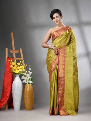 Sap green floral motifs tissue silk saree with zari borders 1