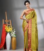 Sap green floral motifs tissue silk saree with zari borders