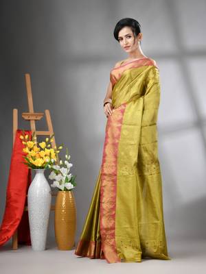 Sap green floral motifs tissue silk saree with zari borders 2