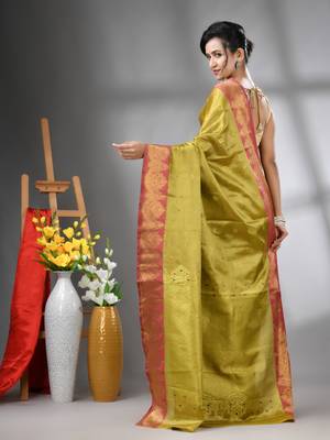 Sap green floral motifs tissue silk saree with zari borders 3