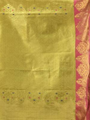 Sap green floral motifs tissue silk saree with zari borders 4