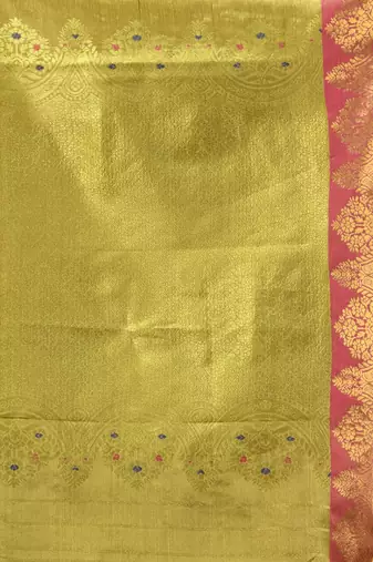 Sap green floral motifs tissue silk saree with zari borders