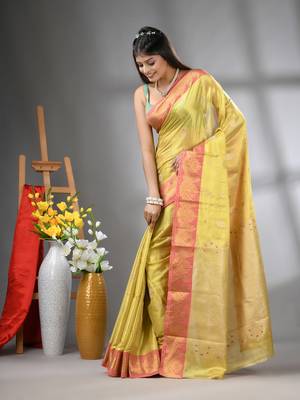 Yellow floral motifs tissue silk saree with zari borders 2