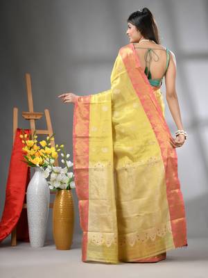 Yellow floral motifs tissue silk saree with zari borders 3