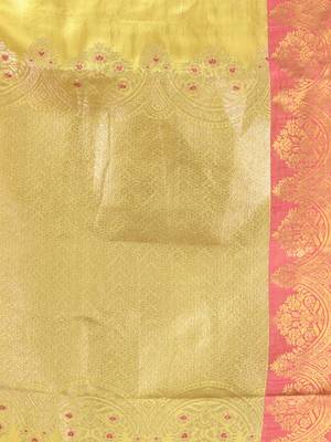 Yellow floral motifs tissue silk saree with zari borders 4