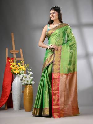 Green floral motifs tissue silk saree with zari borders 2