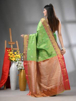 Green floral motifs tissue silk saree with zari borders 3