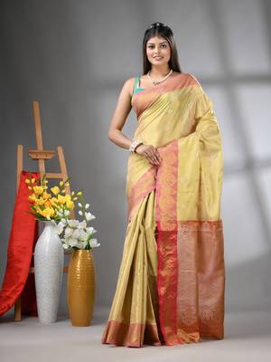 Beige floral motifs tissue silk saree with zari borders 1