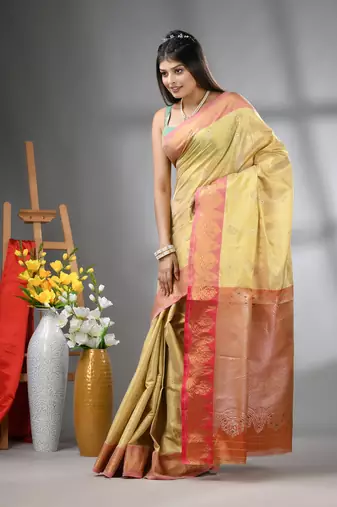 Beige floral motifs tissue silk saree with zari borders