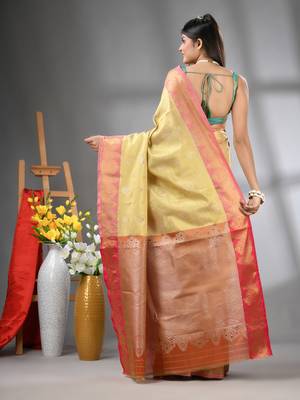 Beige floral motifs tissue silk saree with zari borders 3