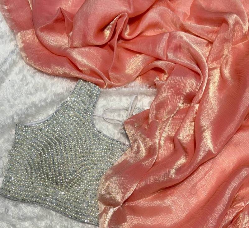 Elegant Designer Saree In Heavy Pure Glass Tissue Fabric With Handworked Blouse