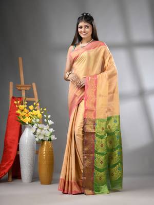 Peach texture motifs tissue silk saree with zari borders 1