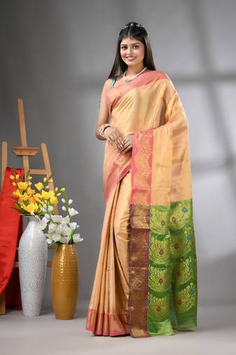 Peach texture motifs tissue silk saree with zari borders