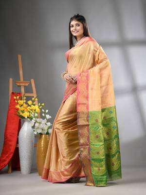 Peach texture motifs tissue silk saree with zari borders 2