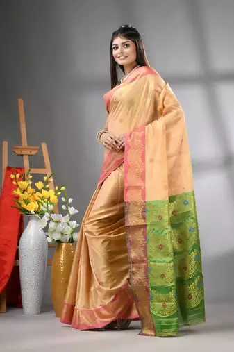 Peach texture motifs tissue silk saree with zari borders