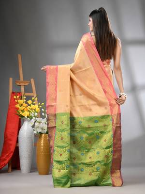 Peach texture motifs tissue silk saree with zari borders 3