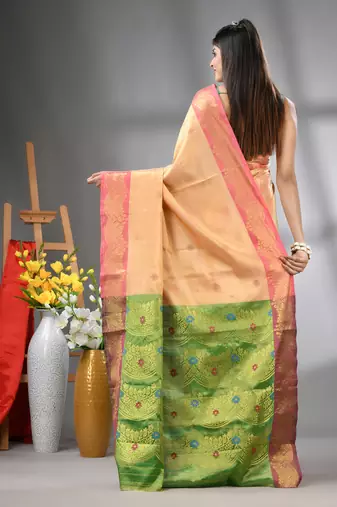 Peach texture motifs tissue silk saree with zari borders