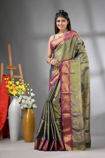 Copper texture motifs tissue silk saree with zari borders
