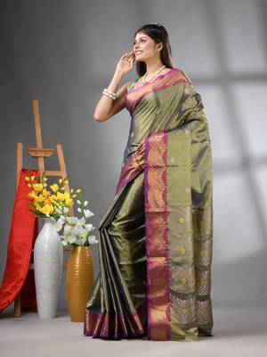 Copper texture motifs tissue silk saree with zari borders 2