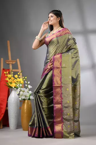Copper texture motifs tissue silk saree with zari borders