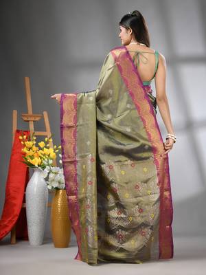Copper texture motifs tissue silk saree with zari borders 3